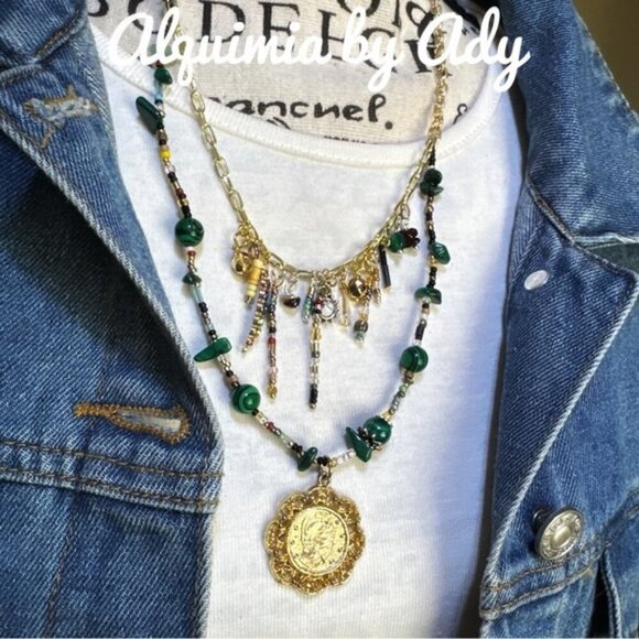 Malachite  layered brass gold silver necklace - Picture 2 of 2